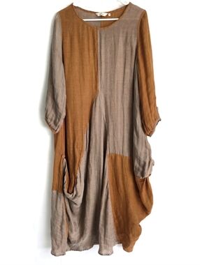 CHEYENNE Lagenlook Linen Rust & Taupe Colorblock Midi Dress S/M